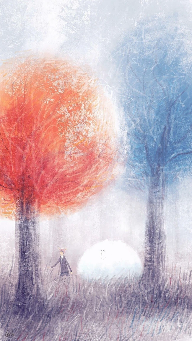 唯美红蓝两棵大树抽象派手绘插画手机壁纸