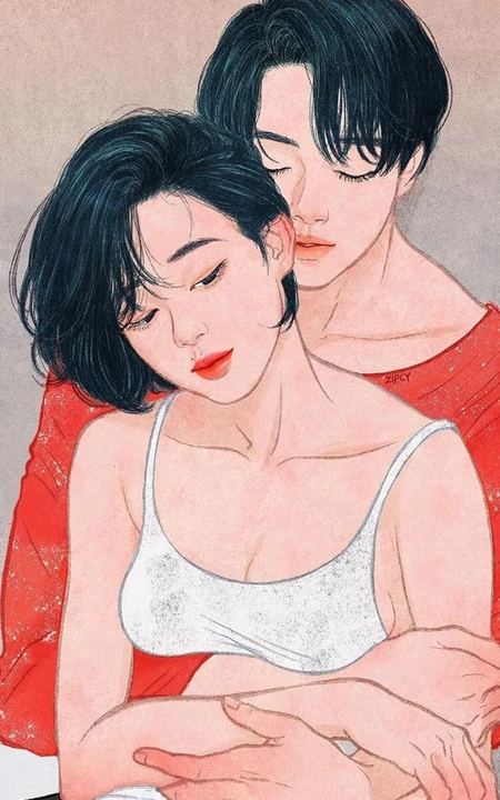 男孩从女孩后背环抱着的甜腻腻情侣插画手机壁纸