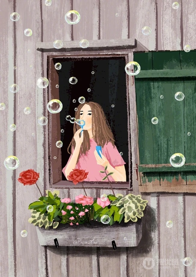 窗户里面的男孩或女孩们唯美手绘插画场景美图