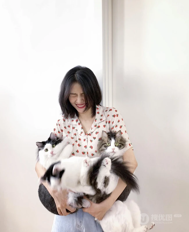 高圆圆晒工作室照片，花衬衫配牛仔裤逗猫签名很开心