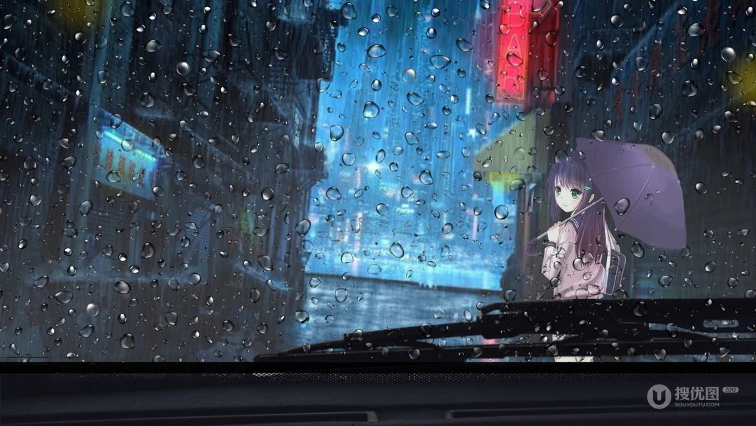 忧伤的雨中二次元世界，唯美高清动漫下雨天壁纸图片