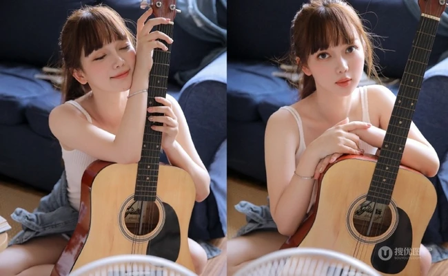 精选日系少女牛仔服搭肩带背心短裤室内玩吉他写真集