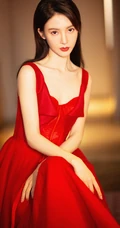金晨红色吊带连衣长裙好看手机壁纸，温婉气质妆容精致