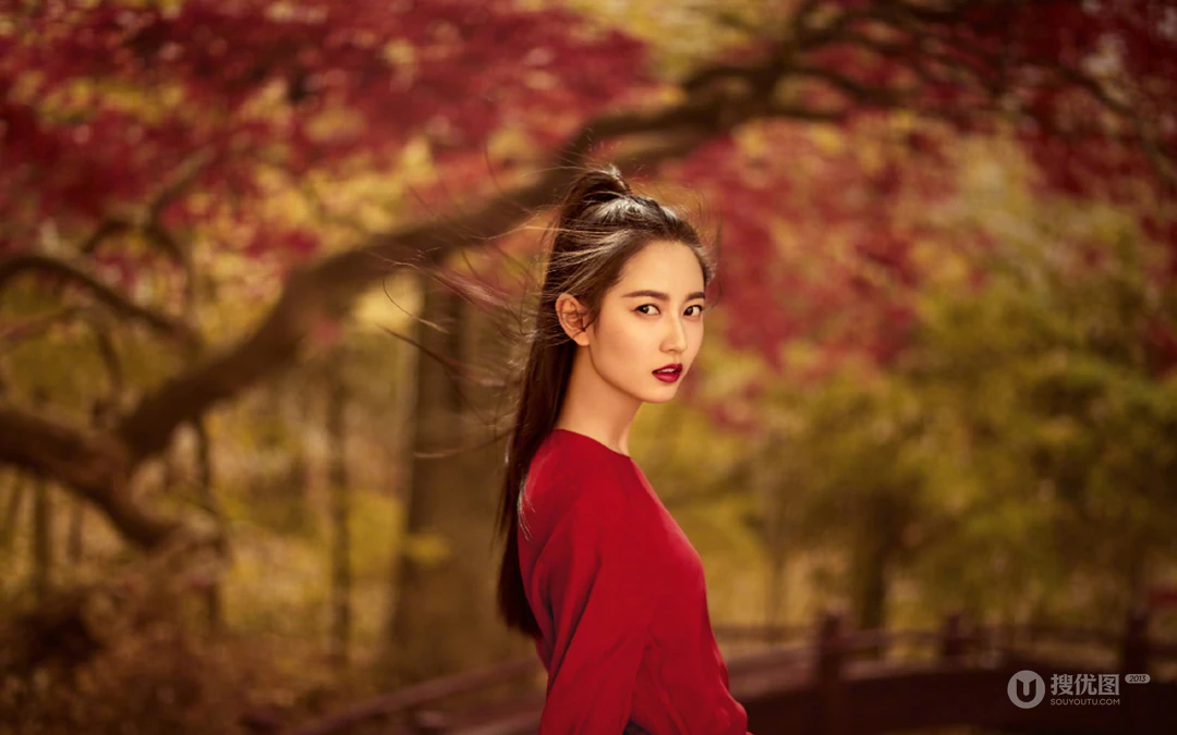 古装美女陈钰琪唯美枫树林下执伞起舞桌面壁纸图片