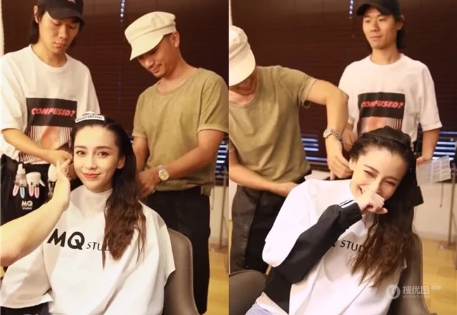 杨颖Angelababy日常化妆间照片，与化妆师谈笑很是开心