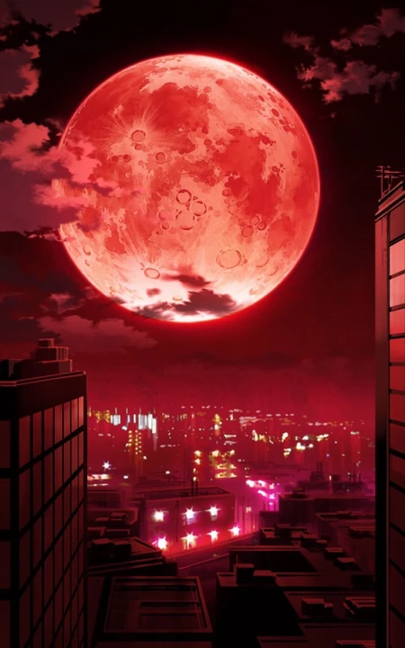 二次元手绘染红的月球与城市逼真手机壁纸