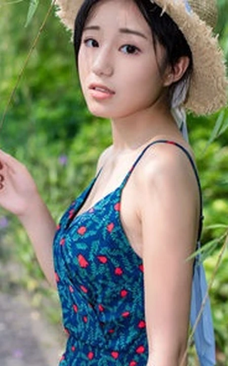 肩带连衣裙女生仓井优香头戴草帽逛公园及街拍写真图片