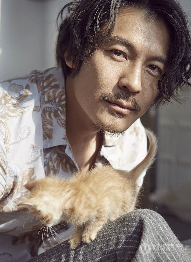 王东居家悠闲写真图片，喝茶逗猫不亦乐乎