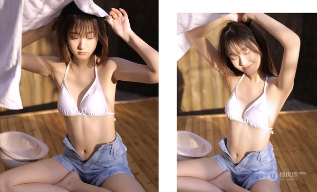 牛仔短裤家居服少女木屋结构民房浴室写真图片