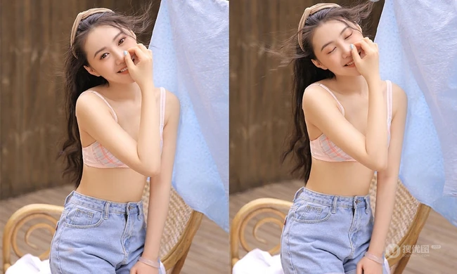 清新可爱家居服牛仔裤气质女生木结构淋浴房高清写真