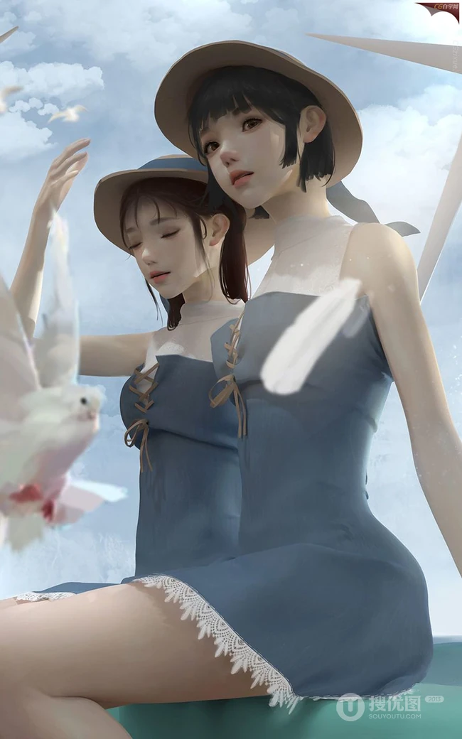 两个戴帽子的灰色连衣裙少女与海鸥唯美动漫手机壁纸