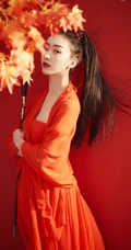 女生宣璐鲜艳红色古装打扮枫叶树下论剑写真美图