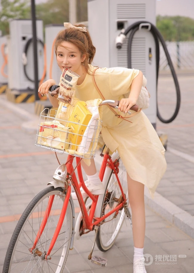 清新单车少女布朗熊二路边充电桩街拍写真图片