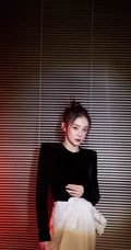 袁姗姗黑衣白裤百叶窗前冷艳写真图片