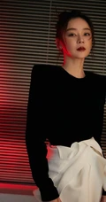 袁姗姗黑衣白裤百叶窗前冷艳写真图片
