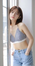斑马纹肩带家居服牛仔短裤女生气质室内写真图片