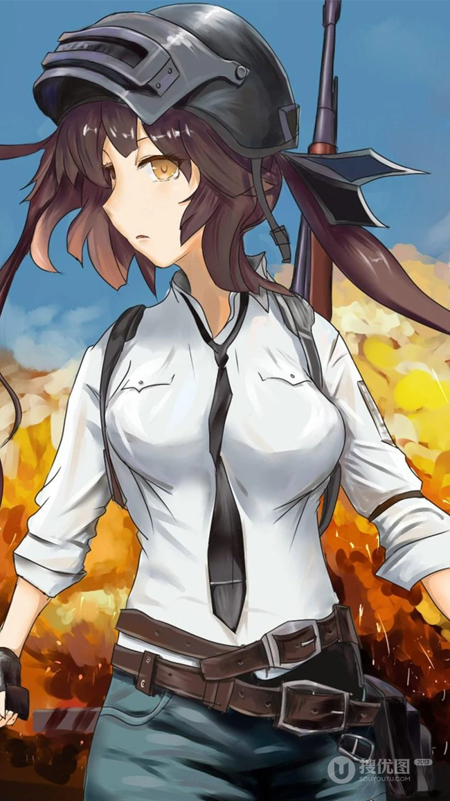 和平精英戴头盔的白衫牛仔裤吃鸡少女手机壁纸