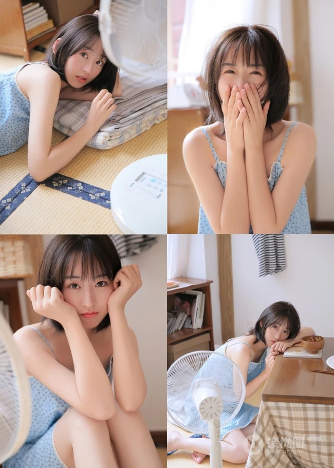 清爽短发妹子肩带波点睡裙室内榻榻米纯美写真
