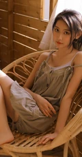 长发大眼线条感小姐姐灰色肩带裙坐藤椅上气质室内写真