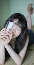 法式刘海长发可爱女生，着肩带连体牛仔裤居家凉席可爱写真