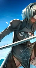 蒙眼拿武士刀的纪元女战士插画图片-主题机械纪元