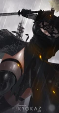蒙眼拿武士刀的纪元女战士插画图片-主题机械纪元