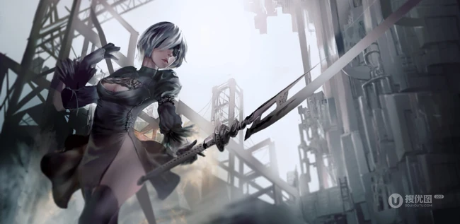 蒙眼拿武士刀的纪元女战士插画图片-主题机械纪元