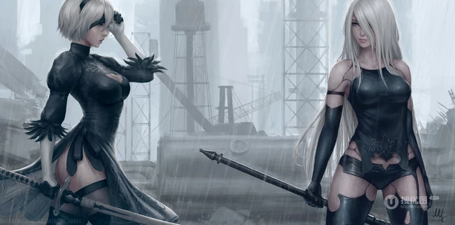蒙眼拿武士刀的纪元女战士插画图片-主题机械纪元