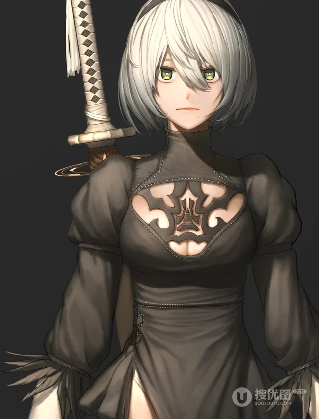 蒙眼拿武士刀的纪元女战士插画图片-主题机械纪元