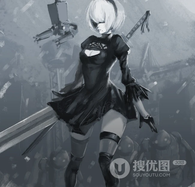 蒙眼拿武士刀的纪元女战士插画图片-主题机械纪元