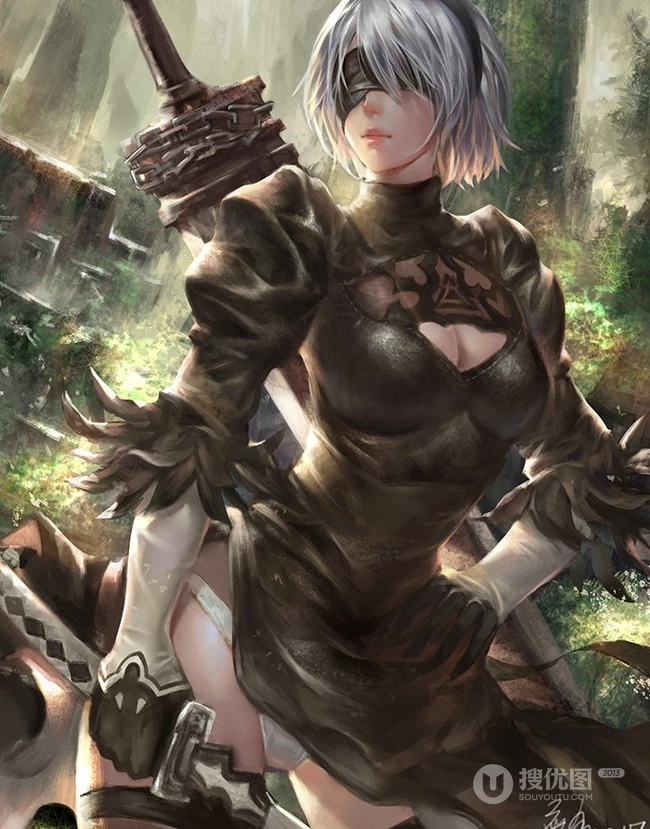 蒙眼拿武士刀的纪元女战士插画图片-主题机械纪元