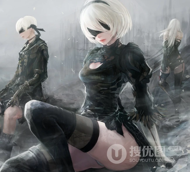 蒙眼拿武士刀的纪元女战士插画图片-主题机械纪元
