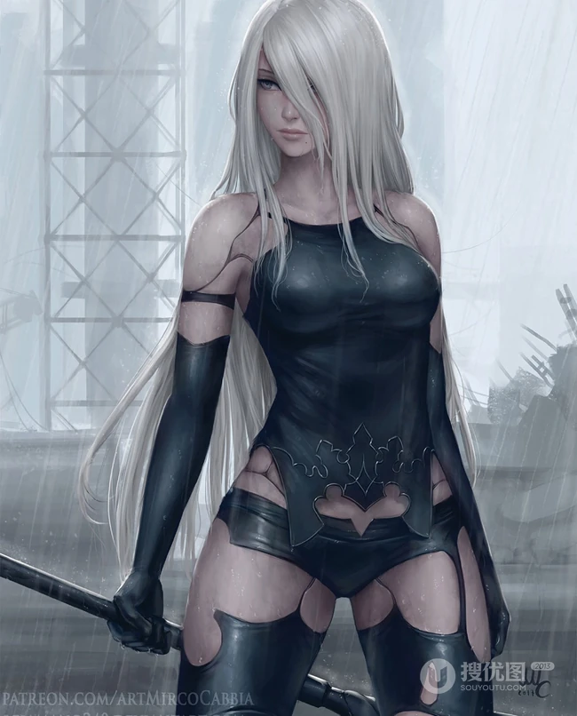 蒙眼拿武士刀的纪元女战士插画图片-主题机械纪元