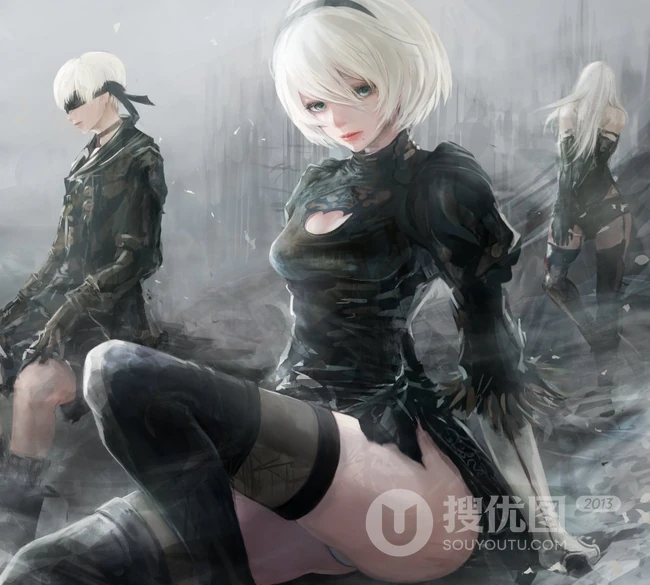 蒙眼拿武士刀的纪元女战士插画图片-主题机械纪元