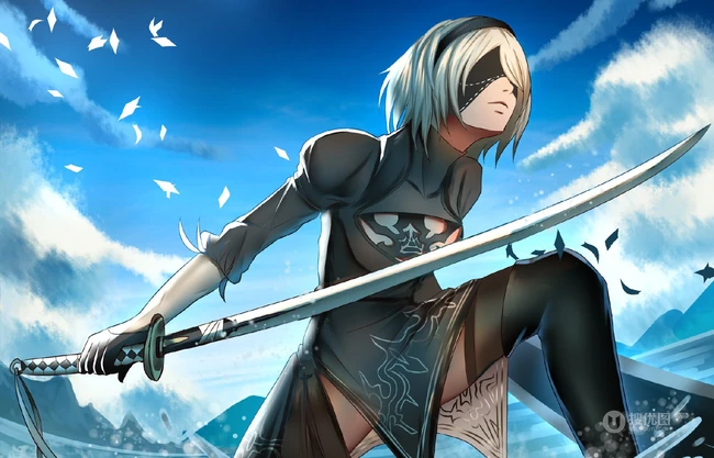 蒙眼拿武士刀的纪元女战士插画图片-主题机械纪元