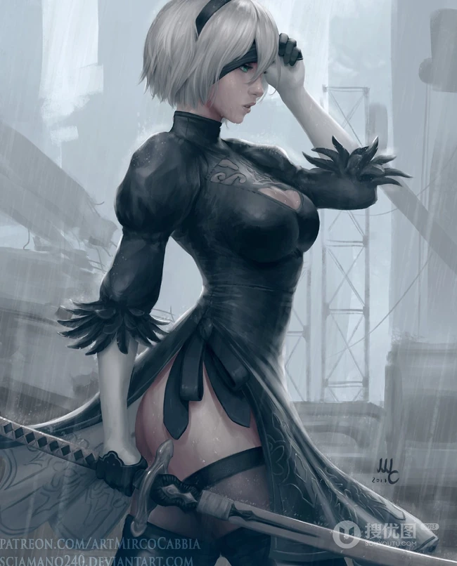 蒙眼拿武士刀的纪元女战士插画图片-主题机械纪元