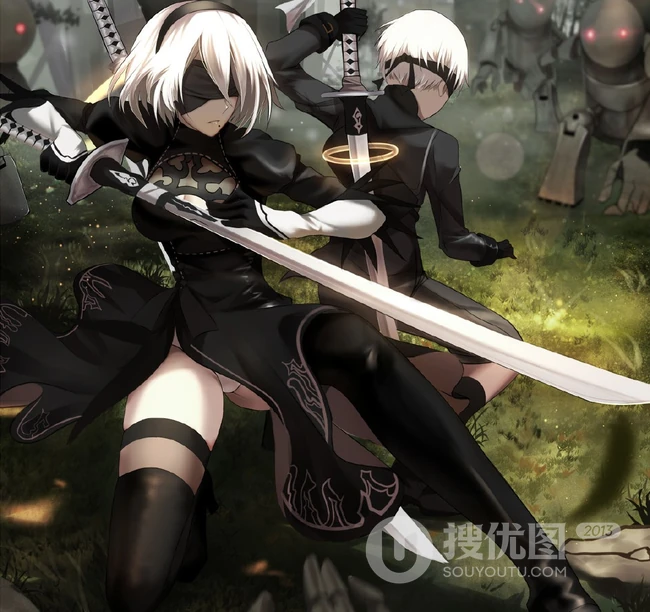 蒙眼拿武士刀的纪元女战士插画图片-主题机械纪元