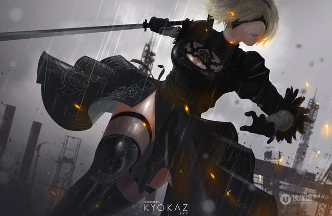 蒙眼拿武士刀的纪元女战士插画图片-主题机械纪元
