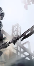 蒙眼拿武士刀的纪元女战士插画图片-主题机械纪元