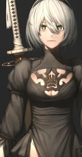 蒙眼拿武士刀的纪元女战士插画图片-主题机械纪元
