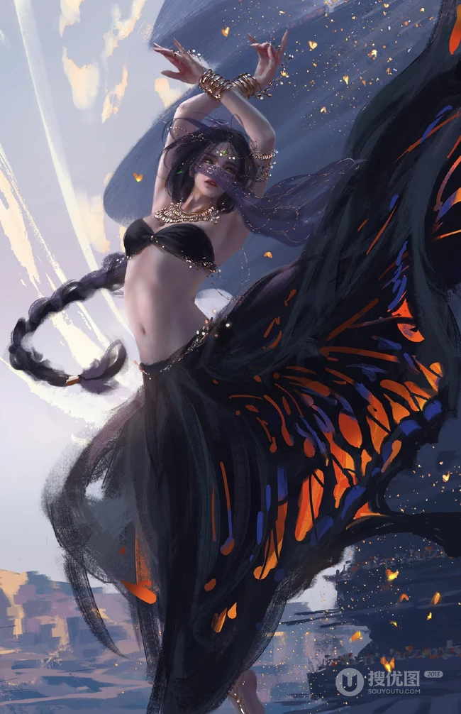 插画大师wlopCG插画作品黑色蝴蝶主题画风唯美