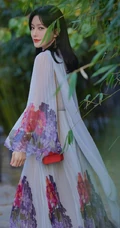 秦岚超美写真，一袭轻纱印花连衣长裙的秦岚户外写真图片