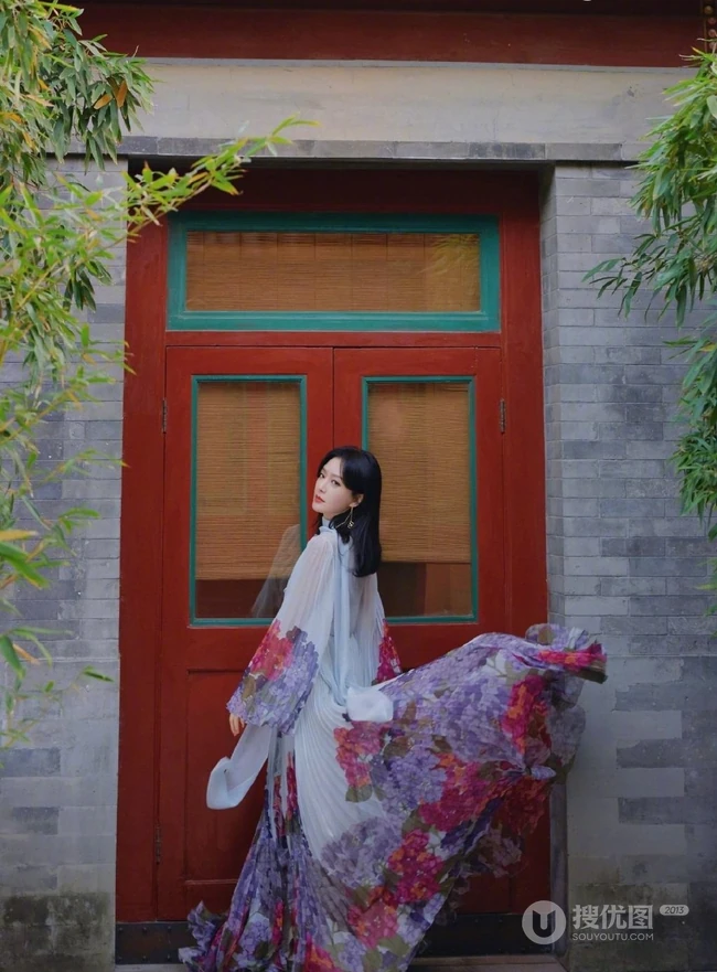秦岚超美写真，一袭轻纱印花连衣长裙的秦岚户外写真图片