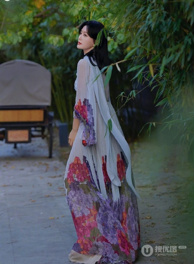 秦岚超美写真，一袭轻纱印花连衣长裙的秦岚户外写真图片