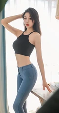 线条女生，平面模特儿YUNDUOER紧身牛仔裤室内写真图片