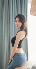 线条女生，平面模特儿YUNDUOER紧身牛仔裤室内写真图片