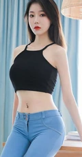 线条女生，平面模特儿YUNDUOER紧身牛仔裤室内写真图片