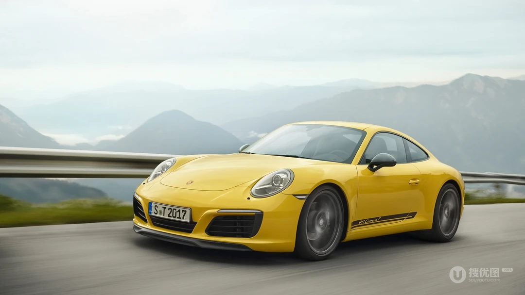 盘山公路上飞驰的全新款保时捷911跑车壁纸图片，型号Carrera T