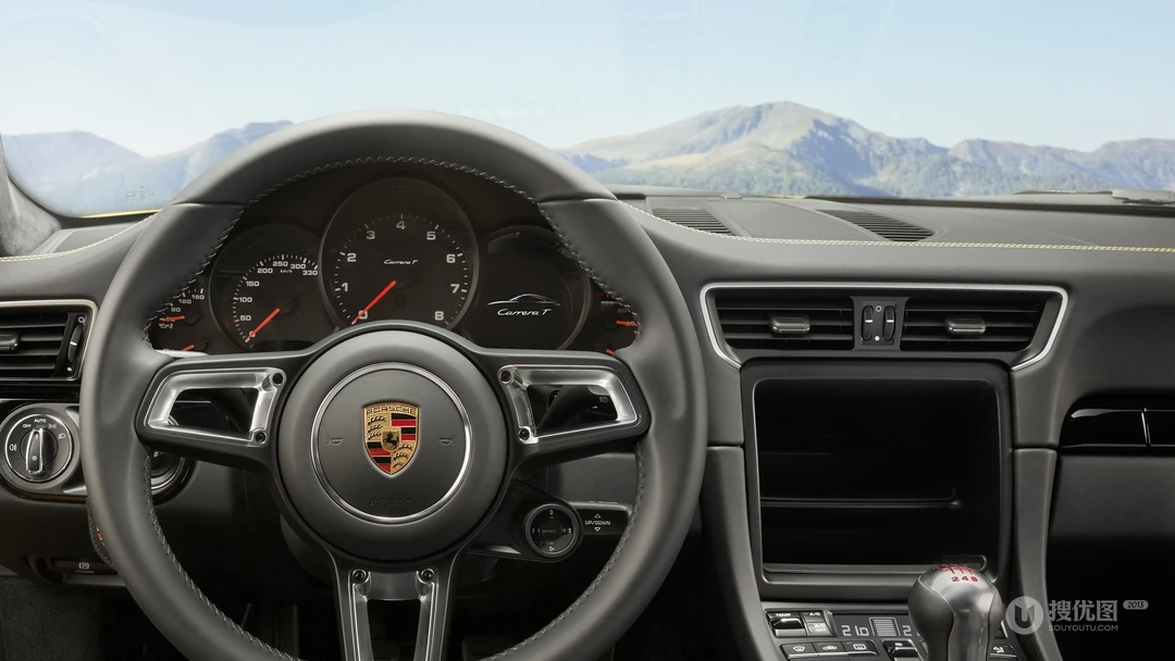 盘山公路上飞驰的全新款保时捷911跑车壁纸图片，型号Carrera T