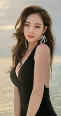 海天一色，景美人也美，气质时尚长发女生黑色泳装海边写真